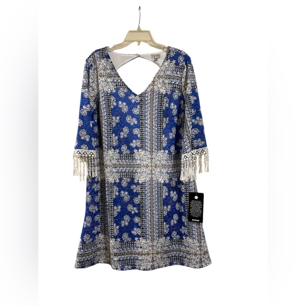 NWT Avenue 14 16 Dress Keyhole Back Fringe Sleeves Lined Blue White Black Boho